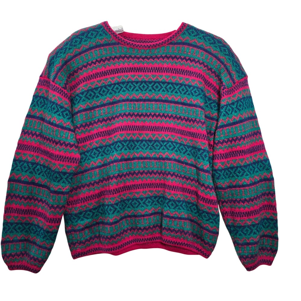 Vintage 100% Alpaca Wool Fair Isle Sweater Pink Green Made in Peru Grandpa